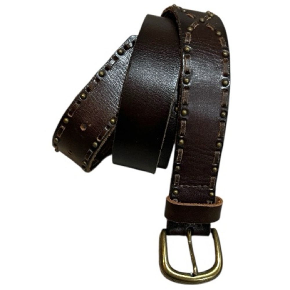 LEATHER LACED AND STUDDED BELT WITH ROUNDED GOLD TONE BUCKLE BRN SIZE 41 UNISEX